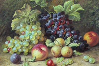 Lot 1073 - Tom Caspers, 20th century, oil on canvas laid on board -still life of fruit in a hedgerow, signed, in gilt frame, 51cm x 58cm