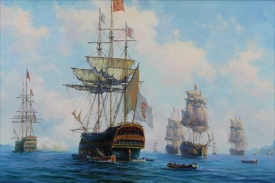 Lot 1074 - James Hardy, 20th century, oil on canvas laid on board - Spanish Fleet off the coast, signed, framed, 49cm x 75cm