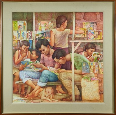 Lot 1078 - Antonio Mahilum (1948-2008) oil on canvas - The Comic Store, signed and dated '84, framed, 80cm sqaure