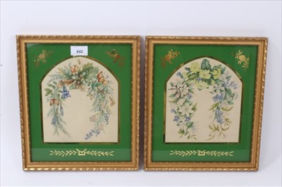 Lot 642 - Pair of Regency style painted silk panels, floral garlands, in verre églomisé frames