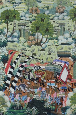 Lot 1081 - Balinese School, 20th century, mixed media on board - Processional scene, signed and inscribed, framed, 85cm x 67cm