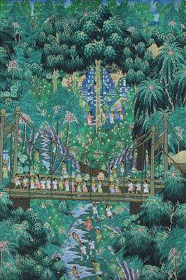 Lot 1082 - Balinese School, 20th century, mixed media on board - Figures on a bridge over the river, signed, framed, 83cm x 66cm