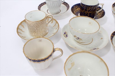 Lot 103 - Collection of 18th and early 19th century gilt tea wares, including some matching sets, marks including Worcester, Derby, New Hall, and a continental grisaille cup and saucer with crossed swords ma...