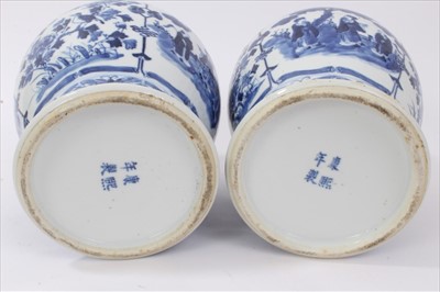 Lot 105 - Pair late 19th century Chinese blue and white baluster vases, painted with figural scenes, birds, flowers and various patterns, with character marks to the bases, 20.5cm height