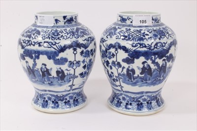 Lot 105 - Pair late 19th century Chinese blue and white baluster vases, painted with figural scenes, birds, flowers and various patterns, with character marks to the bases, 20.5cm height