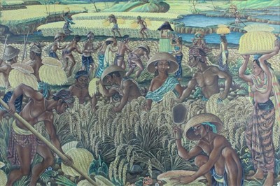 Lot 1083 - Balinese School, 20th century, oil on canvas - Harvest Scene, signed and inscribed, framed, 91cm x 120cm