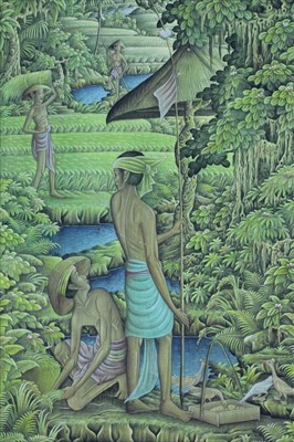 Lot 1084 - Filipino School, 20th century, oil on board - Figures at work, indistinctly signed, framed, 82cm x 49cm