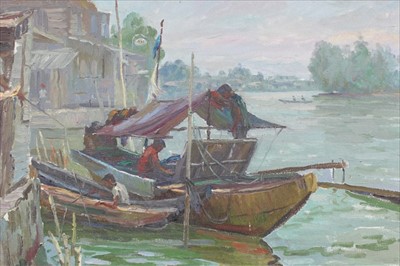 Lot 1085 - Eastern School, 20th century, oil on canvas - fishing boats, indistinctly signed and dated '72, framed, 55cm x 62cm