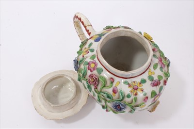 Lot 108 - 19th century Chinese famille verte ewer, spout lacking, well painted with warrior scenes, and an 18th century Chinese famille rose teapot, spout detached, with painted and applied floral decoration