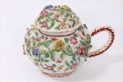 Lot 108 - 19th century Chinese famille verte ewer, spout lacking, well painted with warrior scenes, and an 18th century Chinese famille rose teapot, spout detached, with painted and applied floral decoration