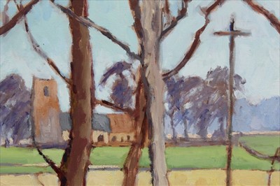 Lot 103 - David Britton, contemporary, oil on board - Blaxhall Church and Tree, Suffolk, signed, framed, 59.5 cm x 54cm