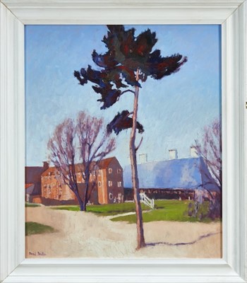 Lot 129 - David Britton, contemporary, oil on board - Pine at Snape Maltings, signed, framed, 69cm x 58cm