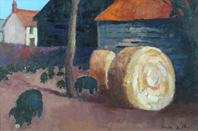 Lot 304 - David Britton, contemporary, oil on board - Pigs and Straw Bales, signed, framed, 55cm x 60cm