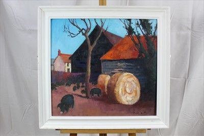 Lot 114 - David Britton, contemporary, oil on board - Pigs and Straw Bales, signed, framed, 55cm x 60cm