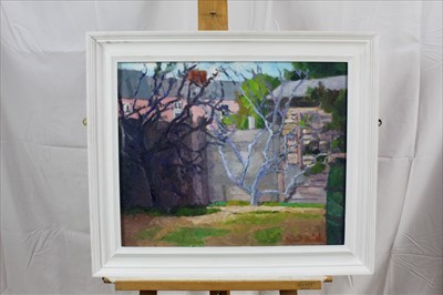 Lot 117 - David Britton, contemporary, oil on board - Back Garden, Mersea, signed, framed, 44cm x 54 cm