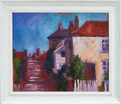 Lot 104 - David Britton, contemporary, oil on board - Aldeburgh Steps, framed, 44.5 cm x 54cm