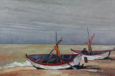 Lot 1144 - David Britton, contemporary, oil on board - Boats at Aldeburgh, signed, framed, 45cm x 62cm