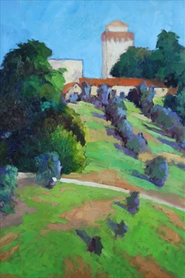 Lot 131 - David Britton, contemporary, oil on board - Vineyard in Tuscany, signed, framed, 59.5cm x 59.5cm