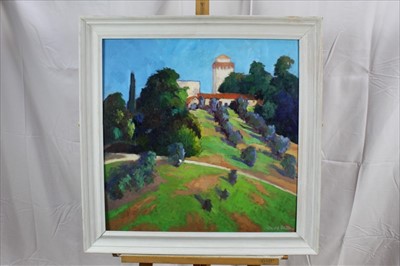 Lot 131 - David Britton, contemporary, oil on board - Vineyard in Tuscany, signed, framed, 59.5cm x 59.5cm