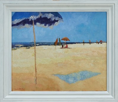 Lot 1141 - David Britton, contemporary, oil on canvas - Beach Umbrella in Egypt, signed, framed, 49cm x 58.5cm