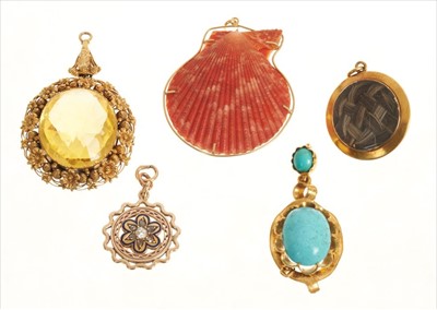 Lot 423 - Group five antique gold mounted pendants