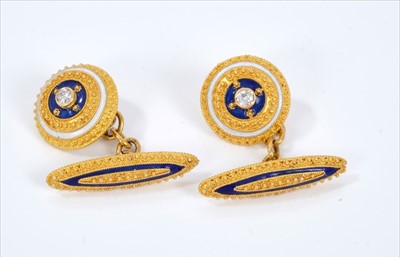 Lot 425 - Pair French gold diamond and enamel cufflinks