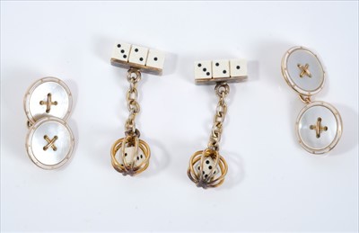 Lot 426 - Pair 9ct gold mother of pearl and white enamel cufflinks and pair novelty dice cufflinks