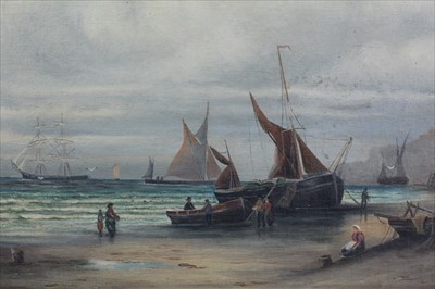 Lot 1092 - William Thornley (1857-1935) pair of oils on canvas - fisherfolk and their boats on the shoreline, signed, in gilt frames, 30cm x 60cm