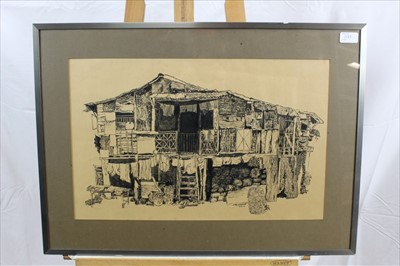 Lot 1087 - Ely Gajo (b.1950) watercolour entitled Nagsasaligeig, pair of 1970s ink and wash works of Philippine houses, four Chinese watercolour panels on silk and other Balinese and Filipino works from the 2...