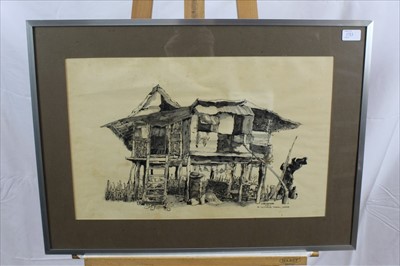 Lot 1087 - Ely Gajo (b.1950) watercolour entitled Nagsasaligeig, pair of 1970s ink and wash works of Philippine houses, four Chinese watercolour panels on silk and other Balinese and Filipino works from the 2...