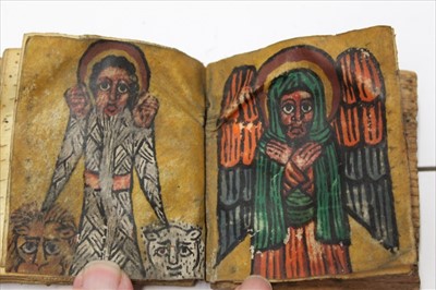 Lot 1158 - Miniature Antique Handmade Book in Hebrew with coloured illustration in leather slip case