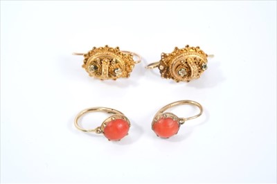 Lot 427 - Pair Victorian gold cannetille earrings and pair Georgian coral earrings