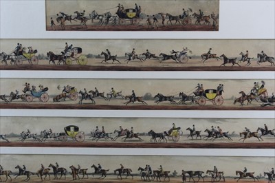 Lot 877 - Henry Alken (1785-1851) colour aquatint - panorama in five sections, 'On The Road To The Derby', circa 1819, in glazed frame, 5.5cm high, 227.5cm long overall