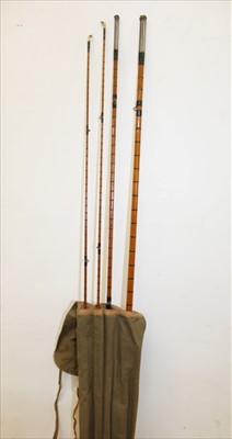 Lot 861 - Rod - J J S Walker Bampton of Alnwick, three-piece split cane fishing rod with square top, in canvas bag