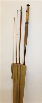 Lot 860 - Rod - Hardy Bros., three-piece fishing rod, The Alnwick Greenheart, with two different lengths of top, in Hardy canvas bag