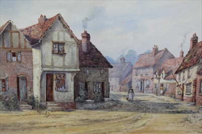 Lot 159 - English School, 19th century, watercolour - a village street, signed with initials F.L.B., in glazed gilt frame, 26cm x 35cm