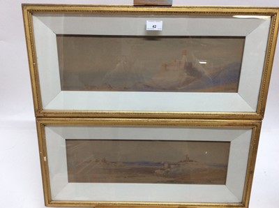 Lot 42 - English School, 19th century, pair of watercolours - Eastern Landscapes, in glazed gilt frames, 14cm x 47cm