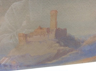 Lot 226 - English School, 19th century, pair of watercolours - Eastern Landscapes, in glazed gilt frames, 14cm x 47cm