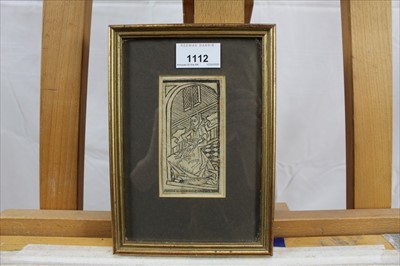 Lot 1112 - 18th century Classical etching, 17th century woodcut of a seated figure, together with a 19th century pencil drawing of a gentleman, each in glazed frame (3)