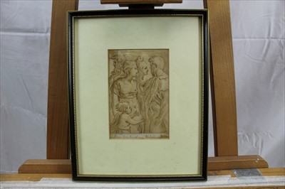 Lot 1112 - 18th century Classical etching, 17th century woodcut of a seated figure, together with a 19th century pencil drawing of a gentleman, each in glazed frame (3)