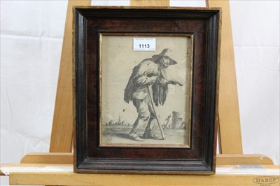 Lot 1113 - Trio of antique black and white engravings - beggarfolk, initialled R, in Ivor Weiss decorative frames, 19cm x 15cm