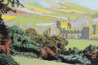 Lot 1115 - Sir Brian Caldwell Cook Batsford (1910-1991) original gouache book cover illustration - Llanthony Abbey, Gwent, used for 'The English Abbey' published by Batsford Books 1935, signed, in glazed fram...