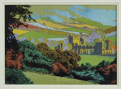 Lot 1115 - Sir Brian Caldwell Cook Batsford (1910-1991) original gouache book cover illustration - Llanthony Abbey, Gwent, used for 'The English Abbey' published by Batsford Books 1935, signed, in glazed fram...