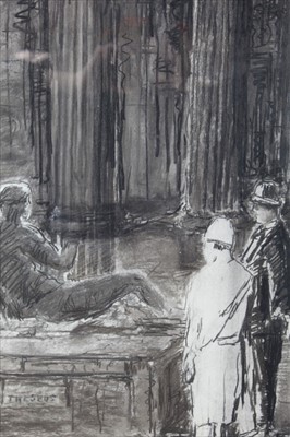 Lot 98 - English School, 1930s/40s period lithograph - a Museum interior with lady and gentleman viewing a sculpture of Theseus, in glazed gilt frame, 60cm x 50cm