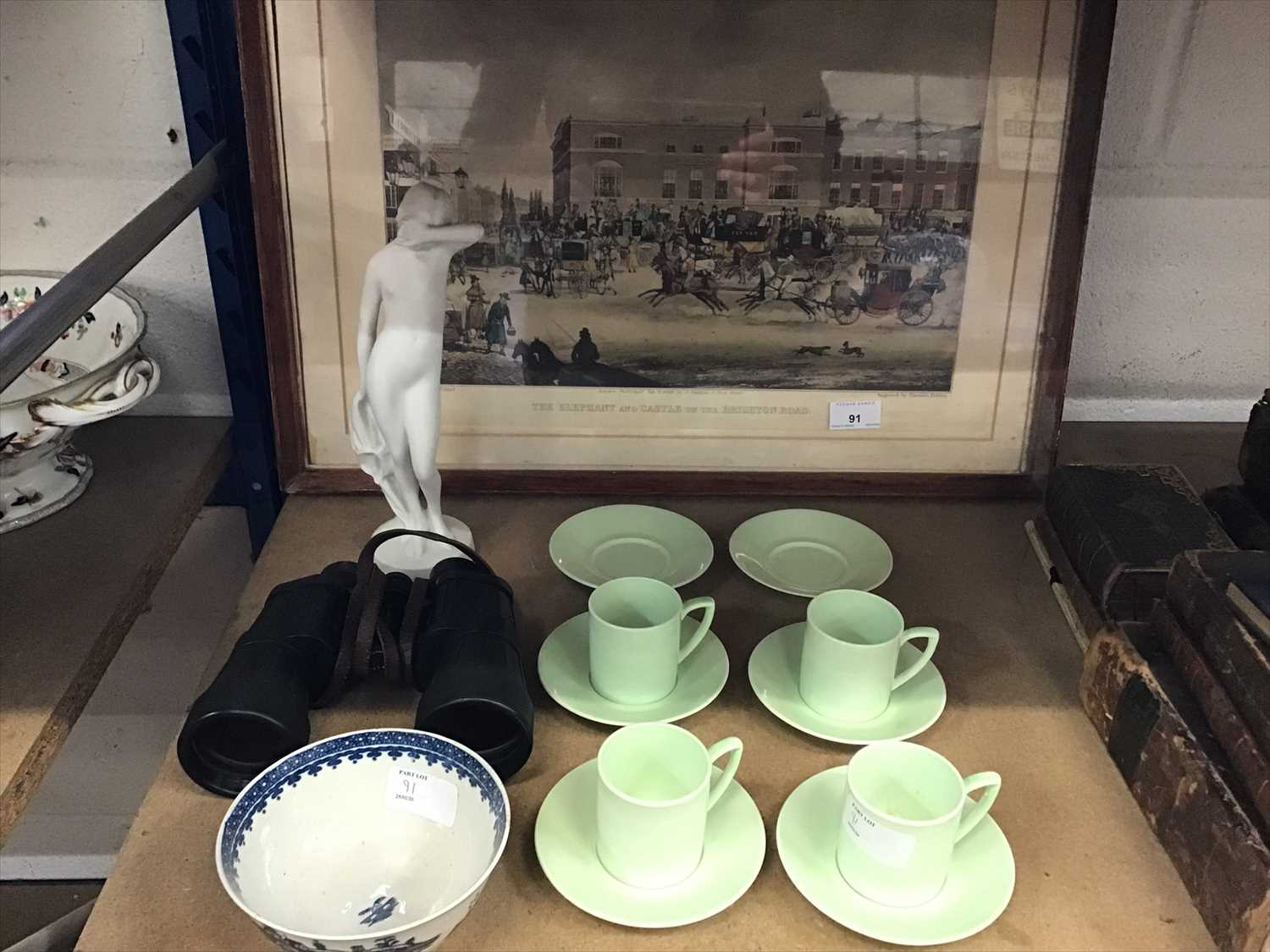 Lot 91 - Elephant & Castle print, Limoges figure, Grafton coffee cans and saucers and a pair of binoculars