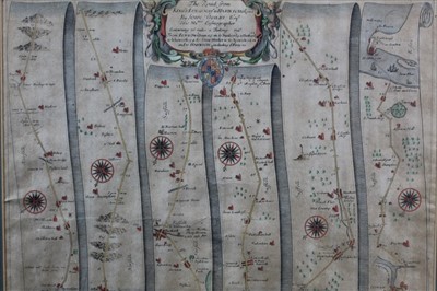 Lot 1122 - John Ogilby, 17th century hand coloured engraved road map - The Road from King's Lyn to Harwich, 36cm x 45cm, together with a hand coloured chart - The Severn orChannel of Bristol, 45cm x 56cm, bot...