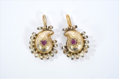 Lot 450 - Pair Indian gold, ruby and seed pearl earrings of bombé boteh form