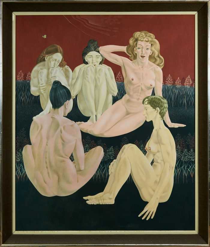 Lot 1161 - Francis Plummer (1930-2019) egg tempera on board - five seated females, signed and dated April ‘71, framed, 120cm x 100cm Exhibited: Royal Academy