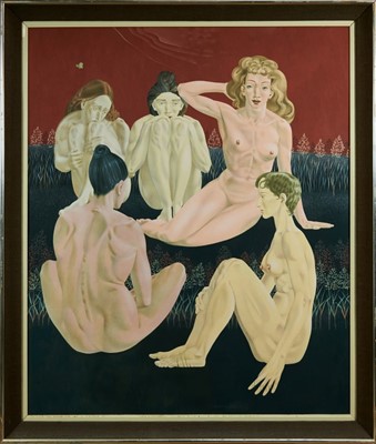 Lot 1161 - Francis Plummer (1930-2019) egg tempera on board - five seated females, signed and dated April ‘71, framed, 120cm x 100cm Exhibited: Royal Academy