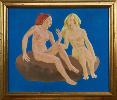 Lot 1165 - Francis Plummer (1930-2019) egg tempera on board - two seated females, unsigned, framed, 51cm x 60cm